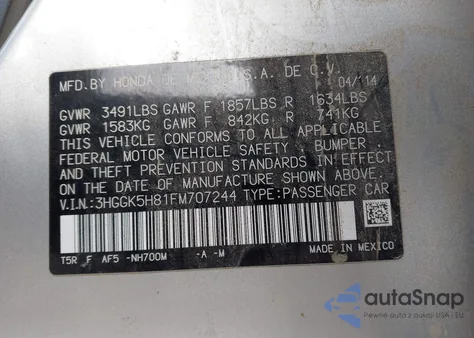 2015 Honda Fit Ex/Ex-L from USA, damaged, VIN 3HGGK5H81FM707244